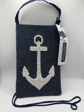 NWT Bamboo Trading Co Beaded Anchor Club Bag Crossbody Purse Nautical Blue White
